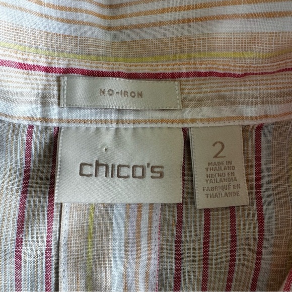 CHICOS No Iron 100% Linen Button Shirt Size 2 (US 12) Pink Striped Back Button - Picture 3 of 10